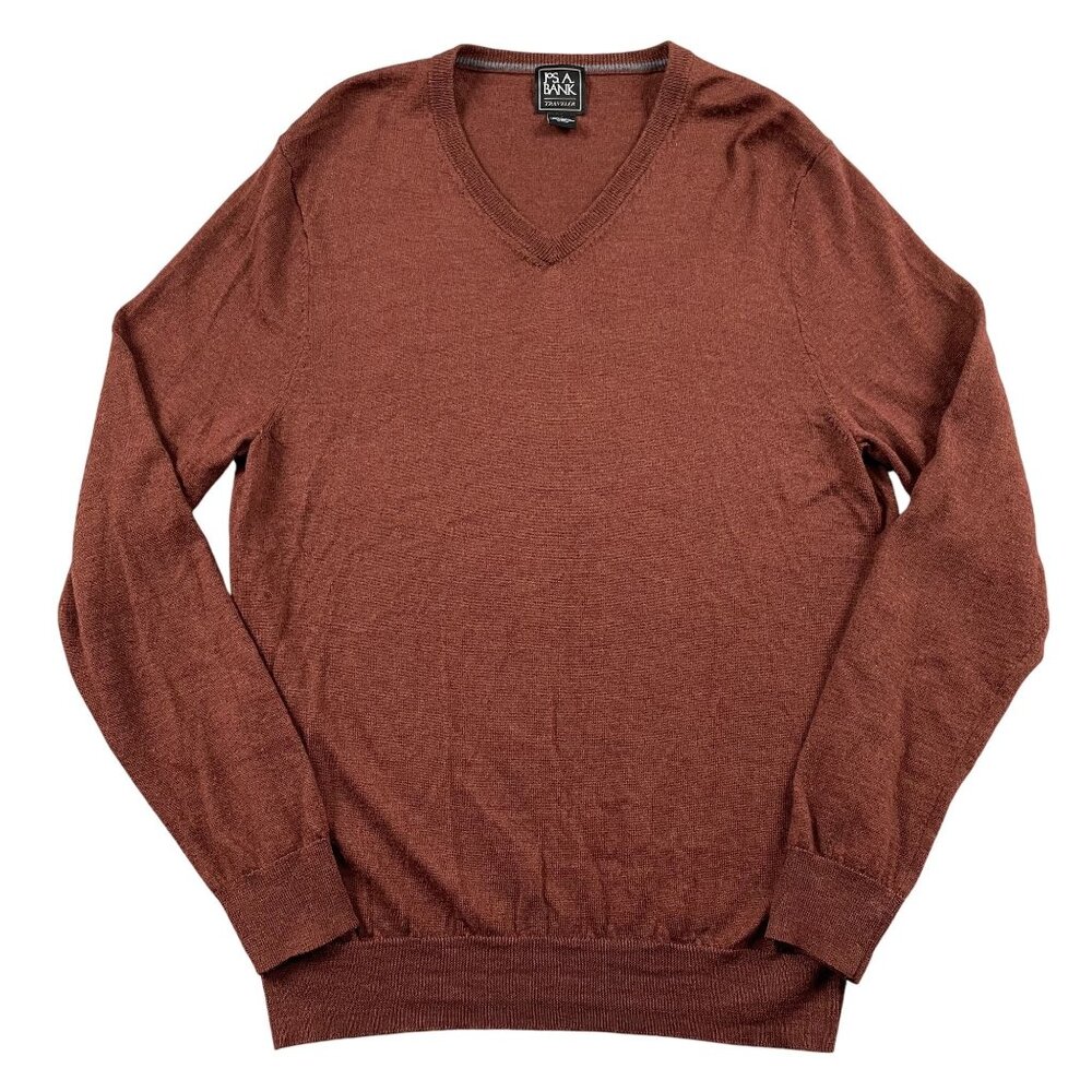 Jos A Bank Traveler Sweater Mens Medium 100% Merino Wool Rust VNeck
